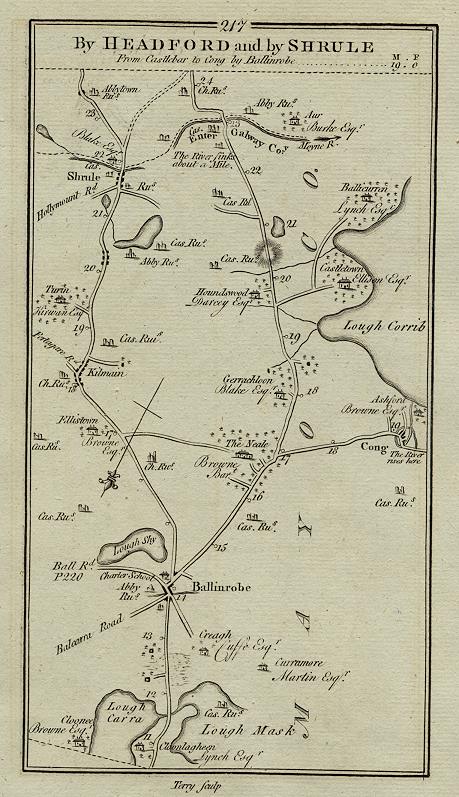 Ireland, route map with Ballinrobe, Shrule and Cong, 1783