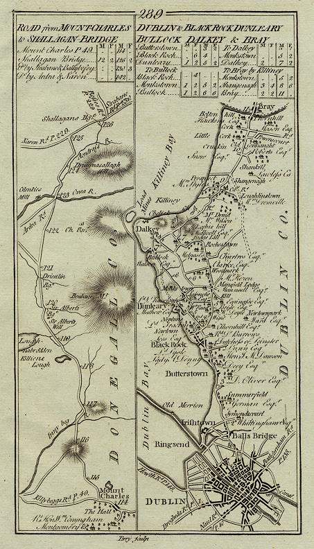 Ireland, route map with Dublin and the Dublin Bay and Killiney Bay coast, 1783