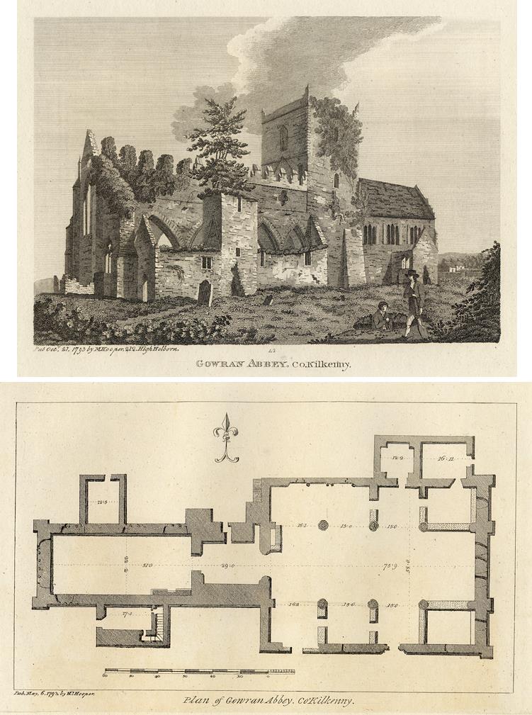Ireland, Co. Kilkenny, Gowran Abbey view and plan, 1786