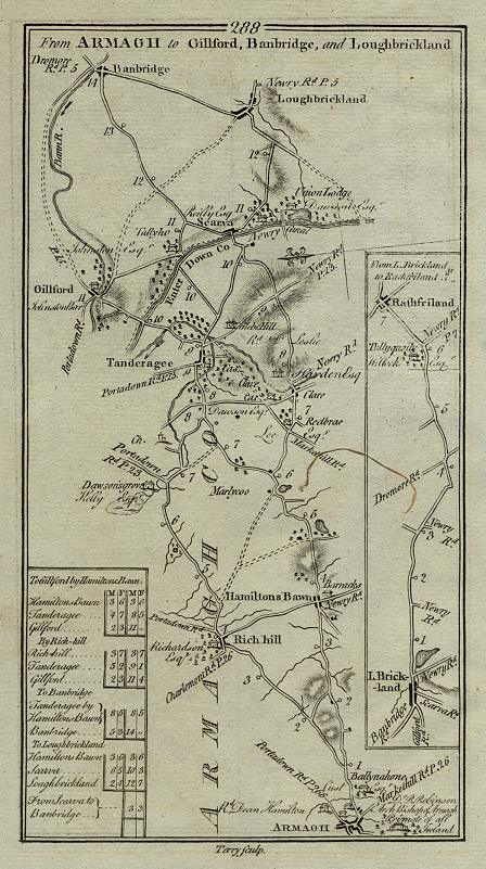 Ireland, route map with Armagh, Richill and Loughbrickland, 1783