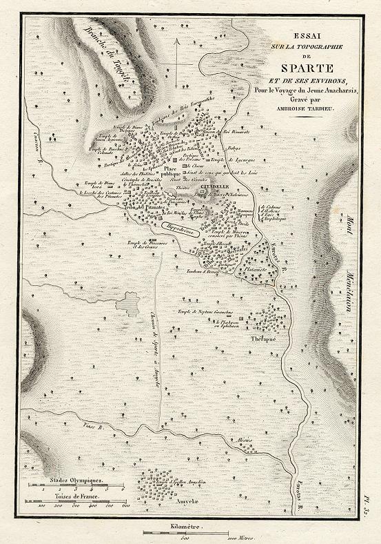 Ancient Greece, Sparta area map, 1825