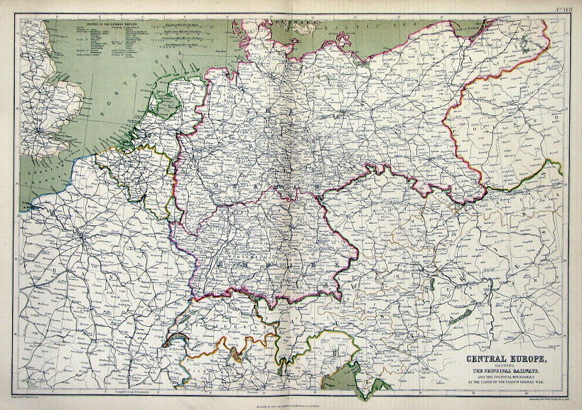 Central Europe with the Principle Railways and recent borders, 1872