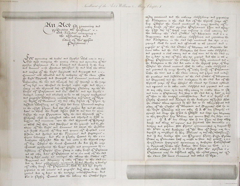 Act of Parliament, William & Mary, facsimile of 1819