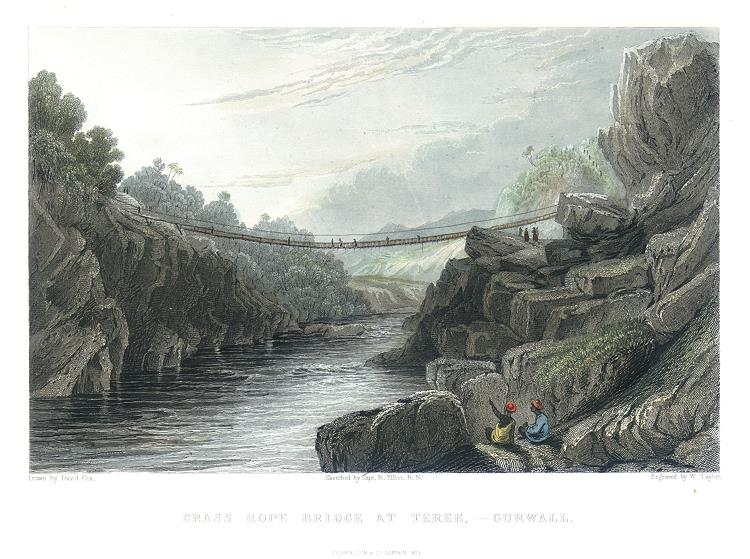 India, Grass Rope Bridge at Teree in Gurwall, 1832