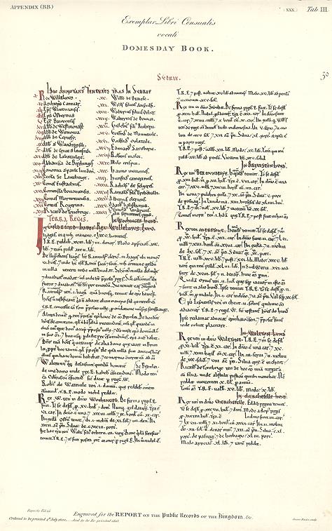 Domesday Book example for Surrey, facsimile of 1819