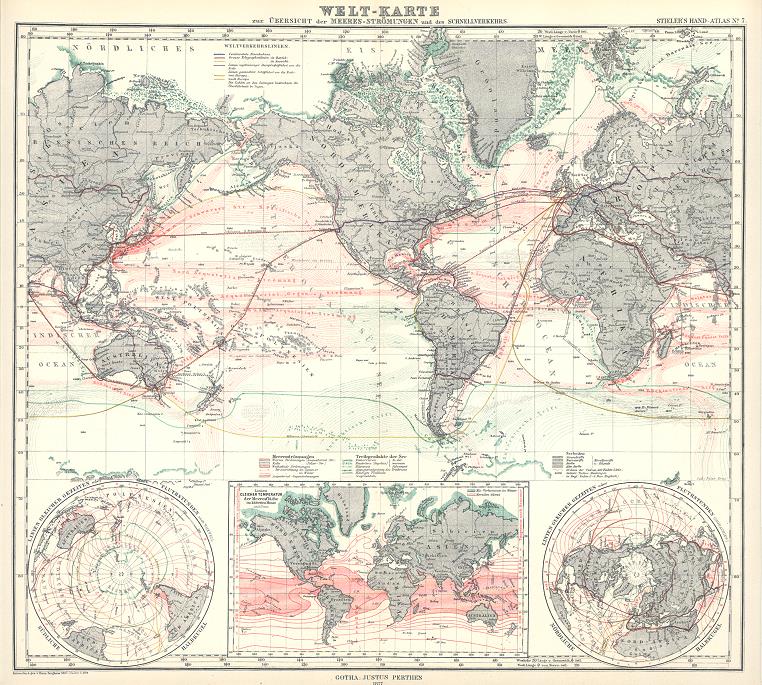 World Map with sea currents and transportation routes by land & sea, 1877