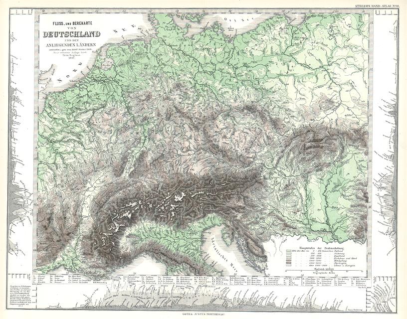 Germany and surrounds physical map, Mountains and Rivers, 1877