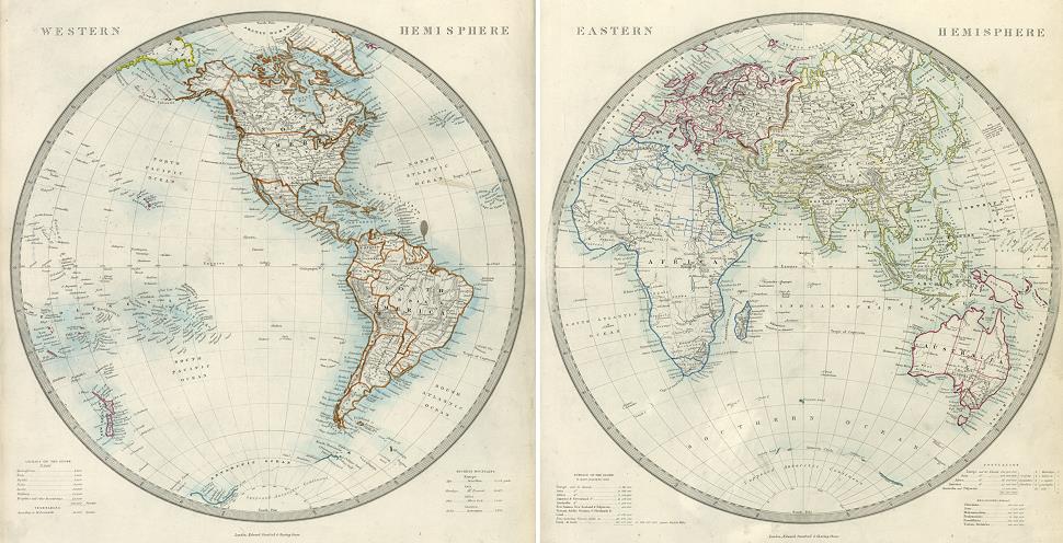 World in Hemispheres, on two sheets, 1858