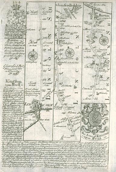 Lincolnshire, route map with Lincoln, Brigg and Barton-Upon-Humber, 1764