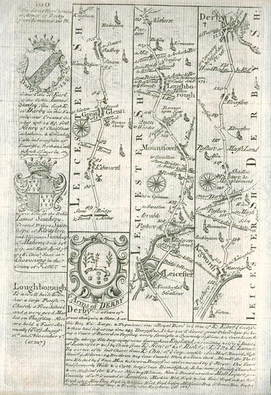 Leicestershire, route map with Great Glenn, Leicester, Loughborough, Kegworth and Derby, 1764
