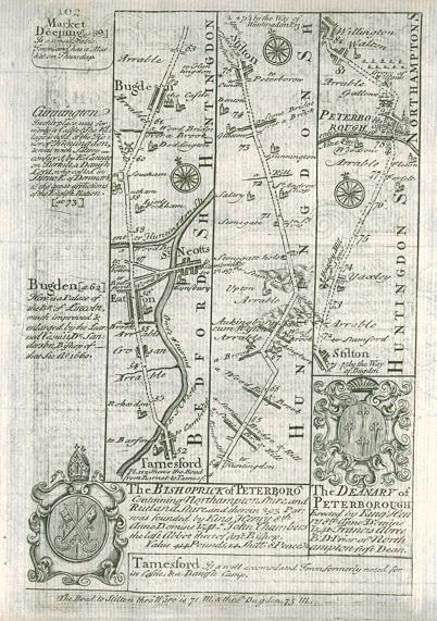 Bedford / Huntingdon, route map with Tamesford, St.Neotts, Stilton and Peterborough, 1764