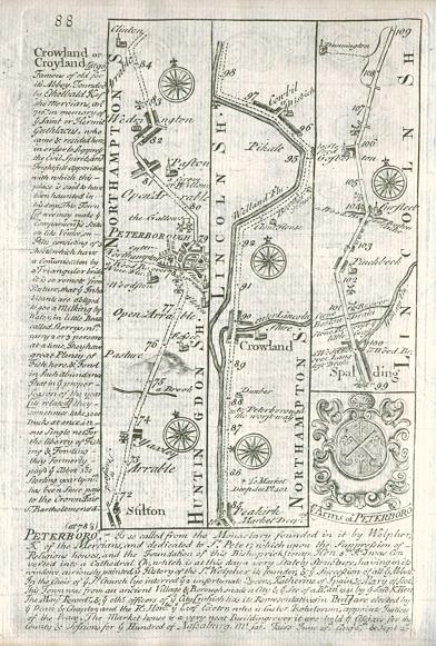 Huntingdon / Northampton, route map with Stilton, Peterborough, Crowland and Spalding, 1764