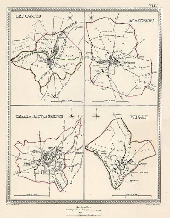 Lancashire - Lancaster, Blackburn, Great & Little Bolton & Wigan town plans, 1835