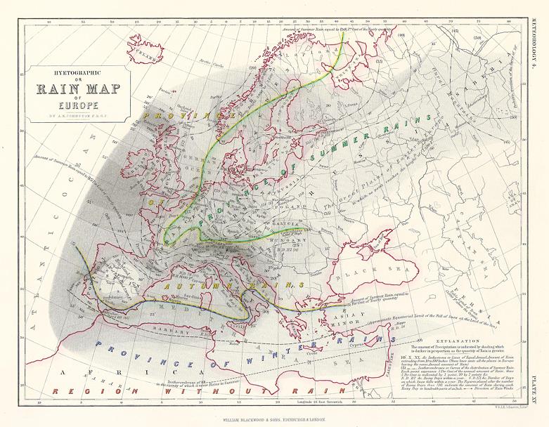 Europe, Rainfall Map, 1850