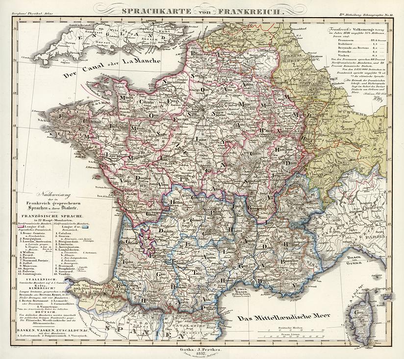 France, language distribution, Berghaus, 1852