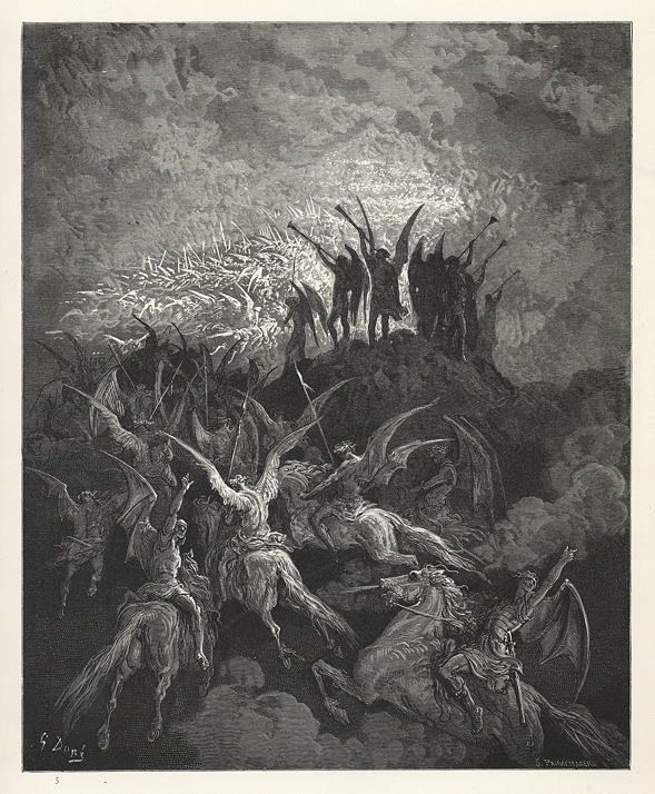 Meanwhile the winged Heralds, by command ..., Gustave Dore, 1880