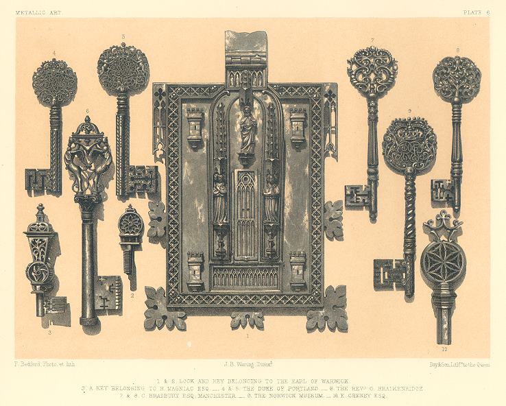 Decorative print, Metalwork (early locks and keys), 1858