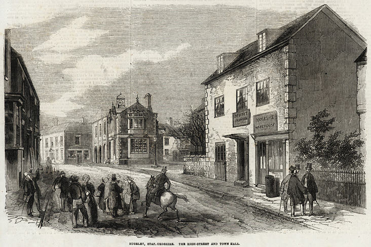 Staffordshire, Rugeley, High Street and Town Hall, 1856