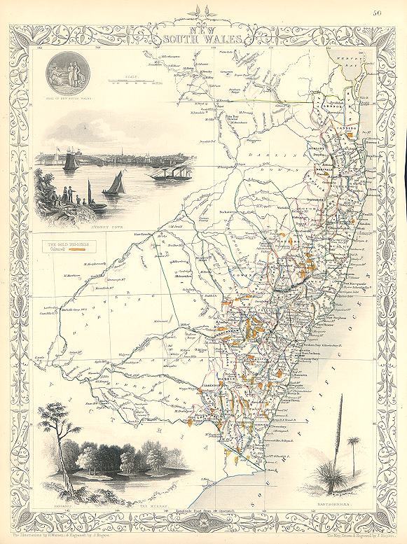 Australia, New South Wales, Tallis/Rapkin map, 1853