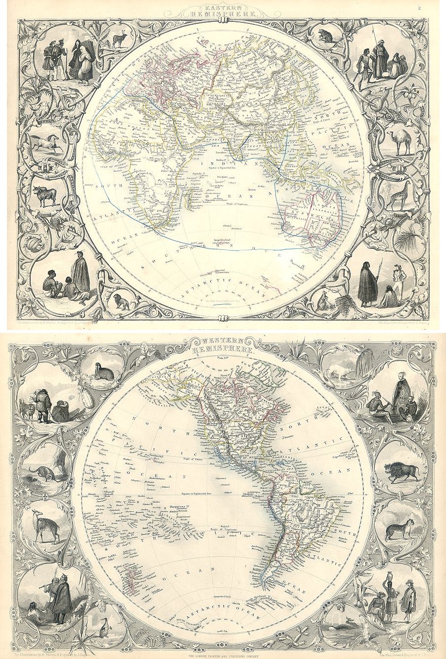 The World in hemispheres (2 maps), Tallis/Rapkin map, 1853