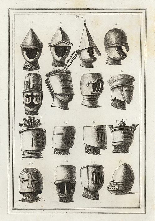 Medieval helmets from old Great Seals, Military Antiquities, 1801