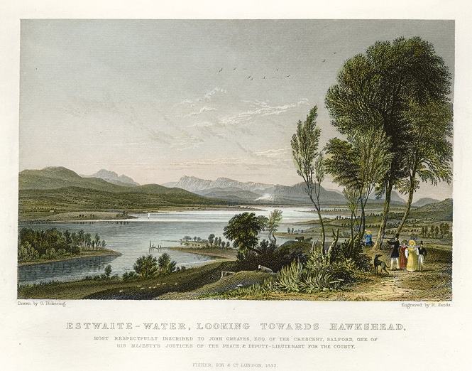 Lake District, Esthwaite Water, looking to Hawkshead, 1836