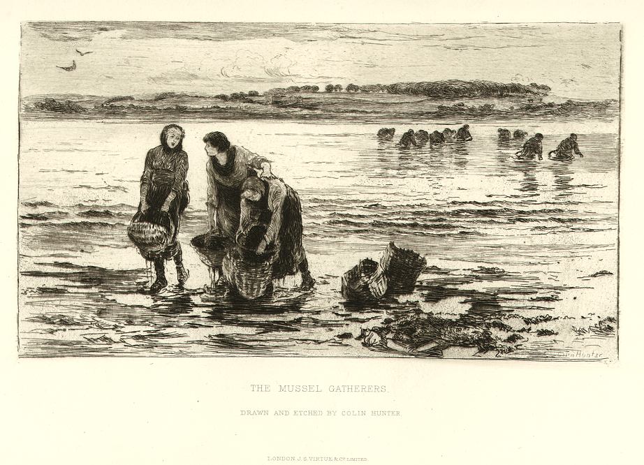 The Mussel Gatherers, original etching by Colin Hunter, 1881