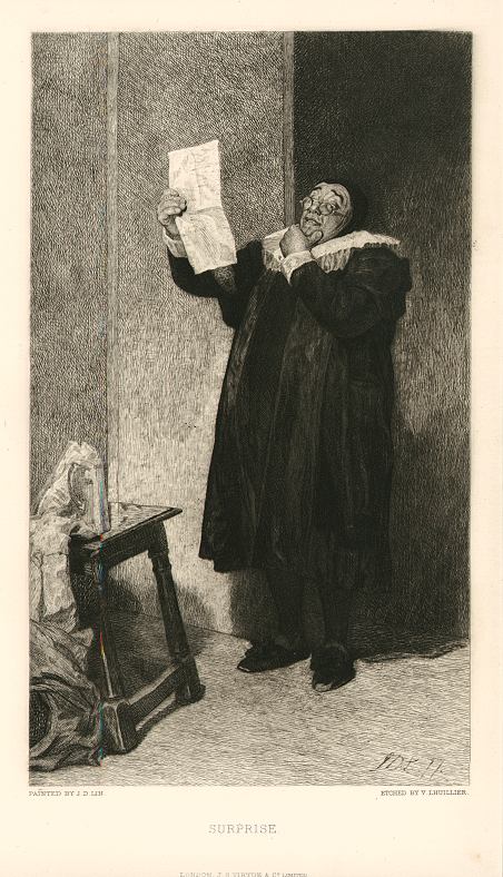 Surprise, etching by V.Lhuillier after J.D.Linton, 1881