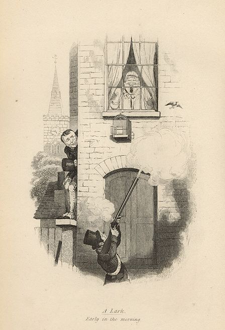Cockney social caricature, shooting, Robert Seymour, 1835 / 1878