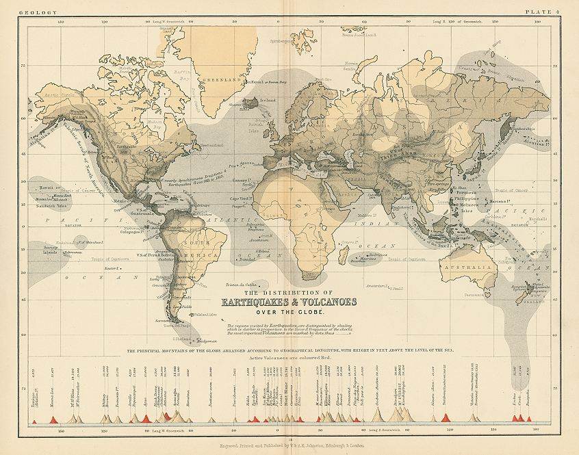 Geology - World distribution of Earthquakes and Volcanoes, 1892