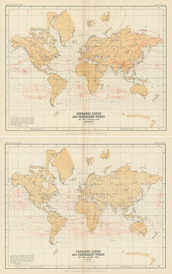 The World, Isobaric Lines and Prevailing Winds, January & July, 1892