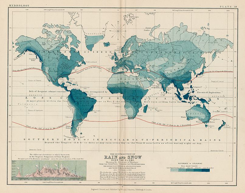 The World, distribution of Rain and Snow, 1892