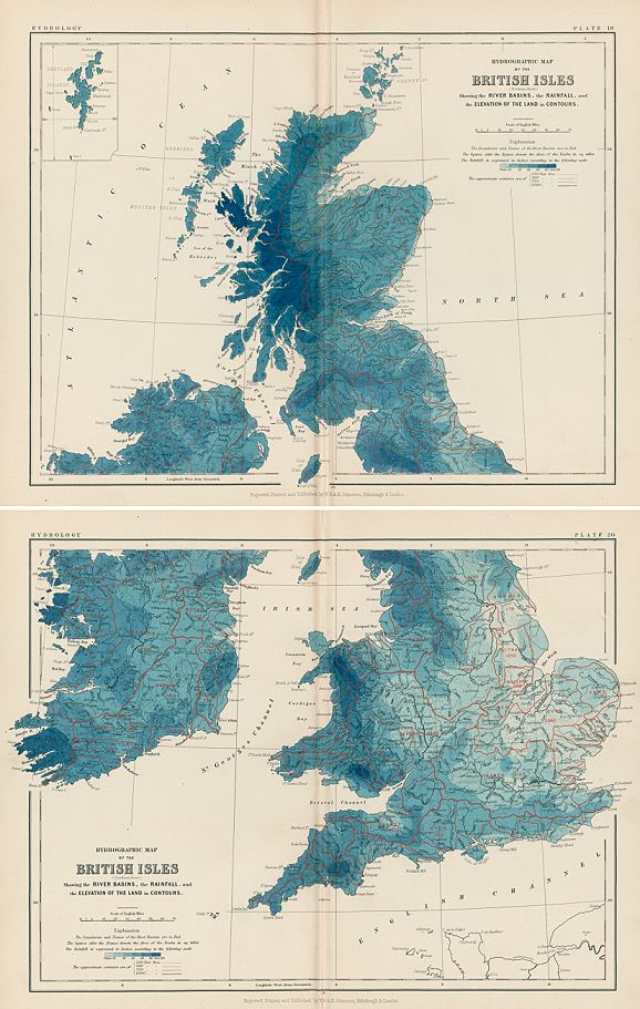 British Isles, hydrographic map, 1892