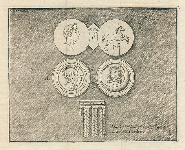 Carthage, part of an aquaduct and coins, 1745