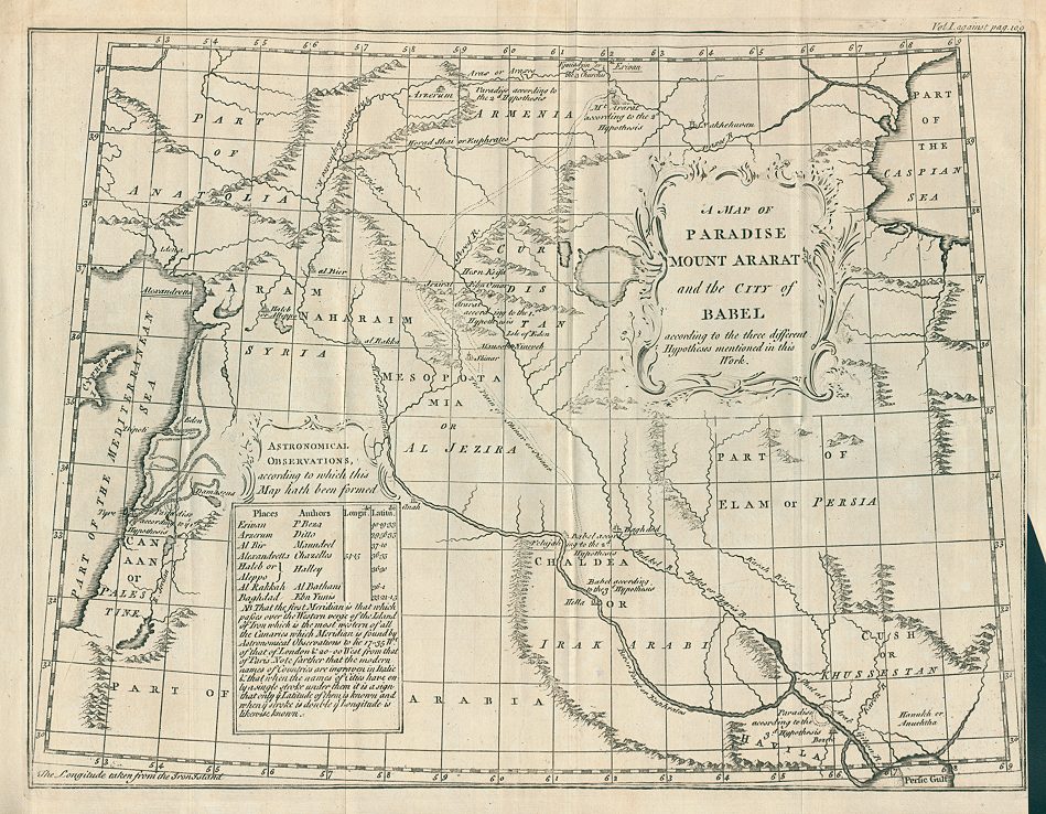 Biblical Paradise and City of Babel map, 1745
