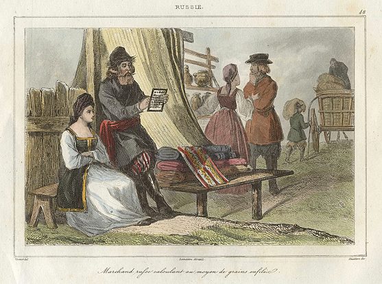 Russia, Russian merchant using abacus to calculate price, 1838