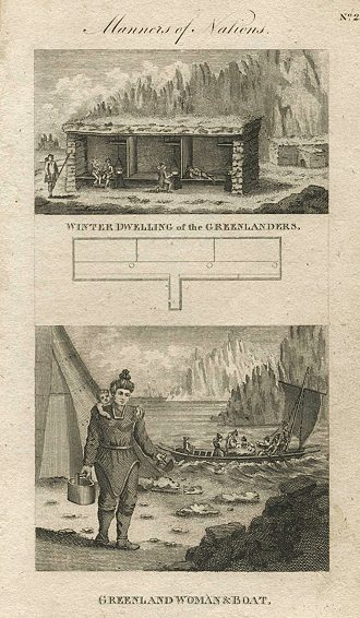 Greenland, winter dwelling, woman & boat, 1800