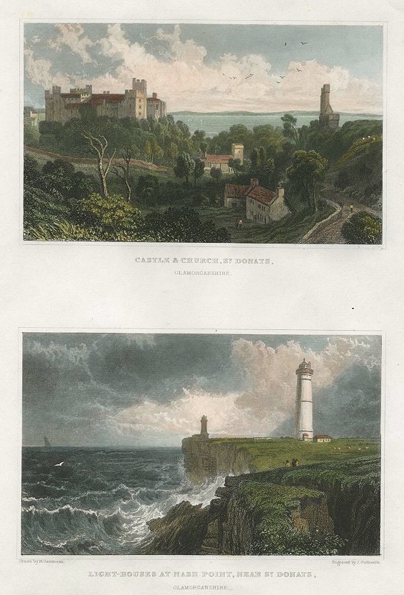 Wales, St.Donats, Castle, Church & lighthouse (2 views), 1830