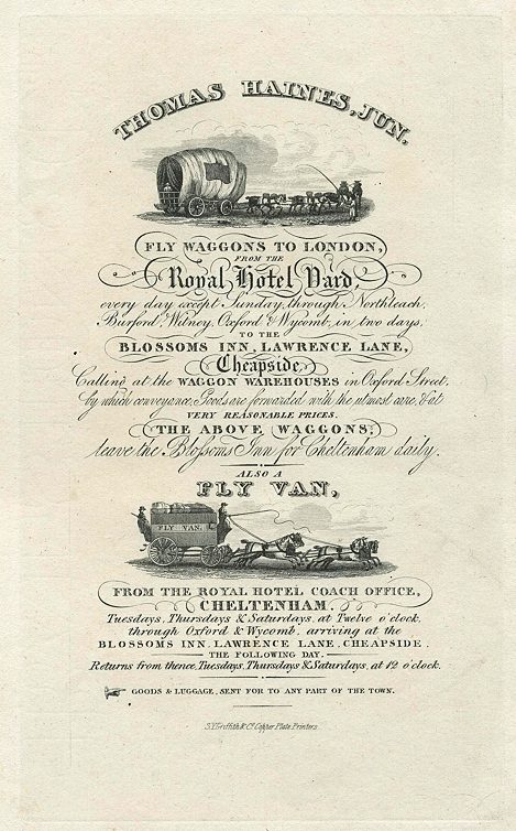 Cheltenham, Trade Advert, Fly vans and Waggons, 1826