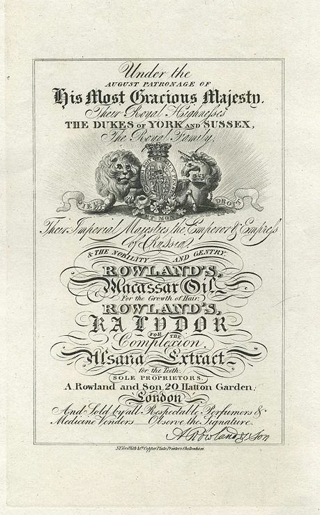 London, Trade Advert, Rowland's Macassar Oil, 1826