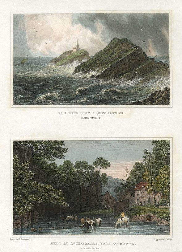 Wales, Glamorganshire, Mumbles Lighthouse & Vale of Neath, (2 views), 1830