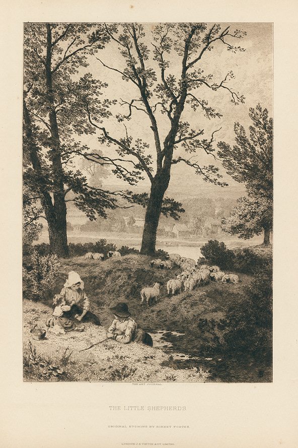 The Little Shepherds, original etching by Birket Foster, 1887