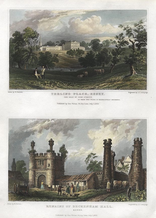 Essex, Terling Place & Beckenham Hall remains, (2 views), 1834