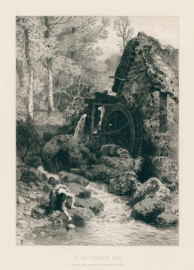 An Old English Mill, etching by Birket Foster, 1881