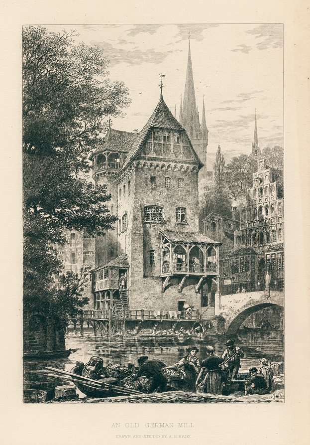 An Old German Mill, etching by Axel Haig, 1881
