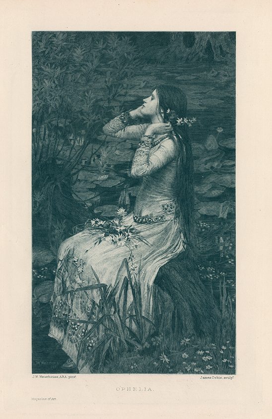 Ophelia, etching after Waterhouse, 1895