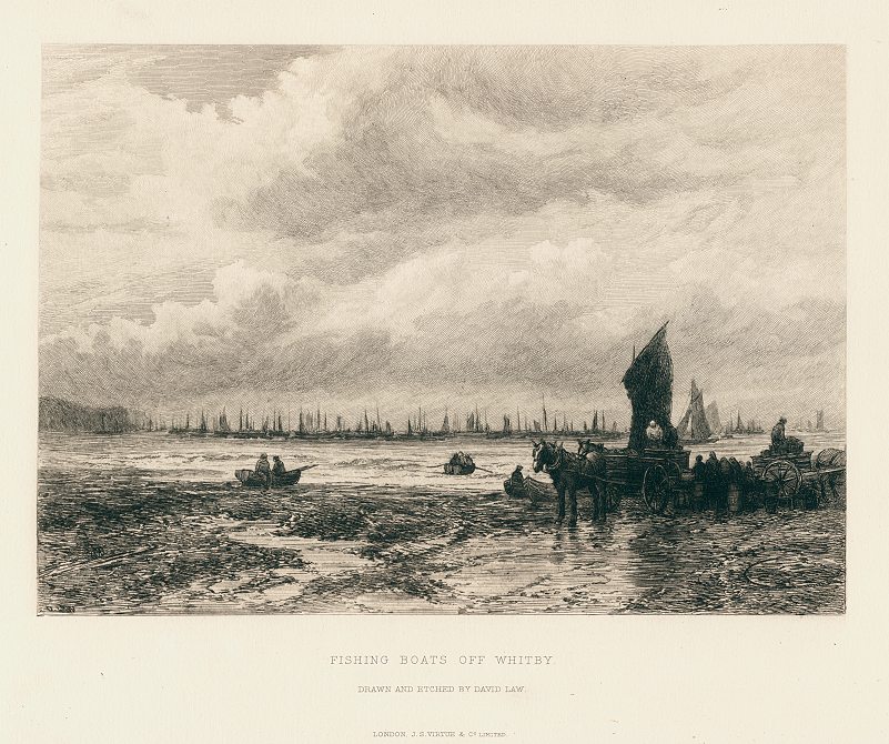 Fishing Boats off Whitby, original etching by David Law, 1881
