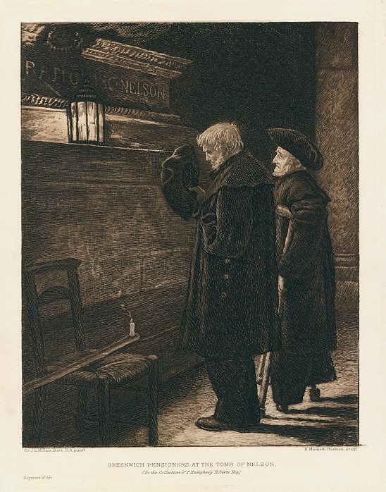 Greenwich Pensioners at the Tomb of Nelson, etching by Macbeth-Reaburn, 1895