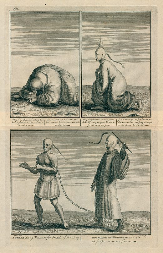 China, devotees begging for alms & Friar doing penance, 1730