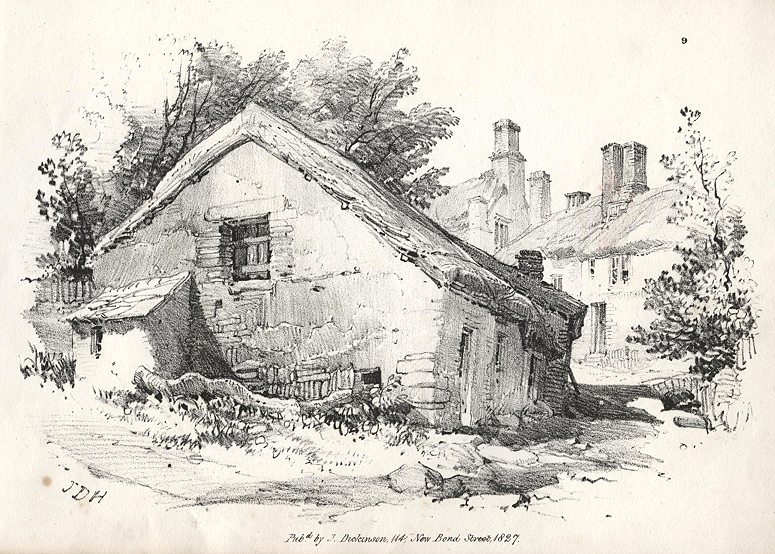 Old thatched cottages, stone lithograph by J.D.Harding, 1827